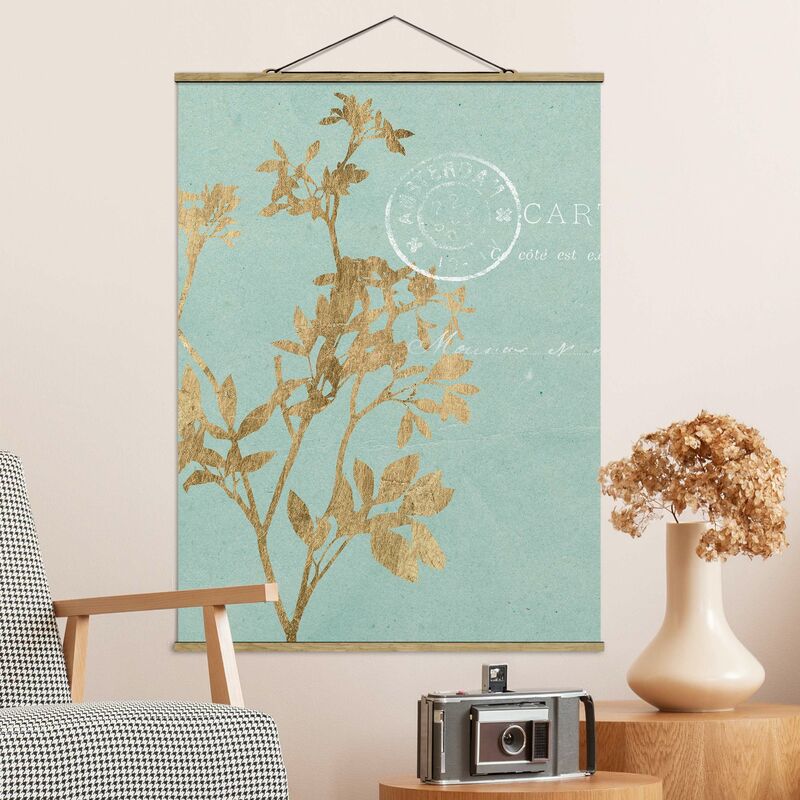 

Imagen de tela - Golden Leaves On Turquoise I - Alto 4:3 Dimensión LxA: 133.5cm x 100cm