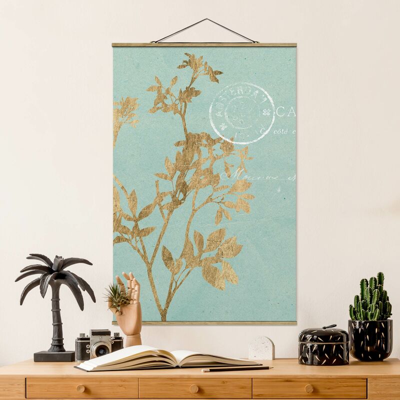 

Imagen de tela - Golden Leaves On Turquoise I - Alto 3:2 Dimensión LxA: 150cm x 100cm