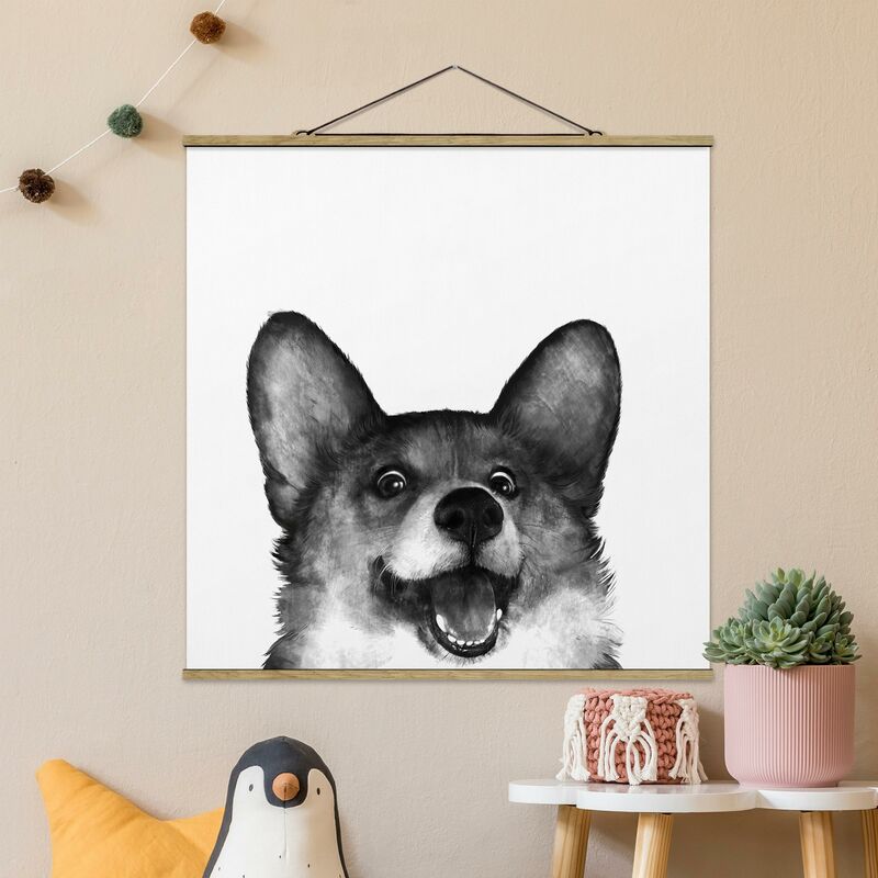 

Imagen de tela - Laura Graves - Illustration Dog Corgi White Black Painting - Cuadrado 1:1 Dimensión LxA: 80cm x 80cm