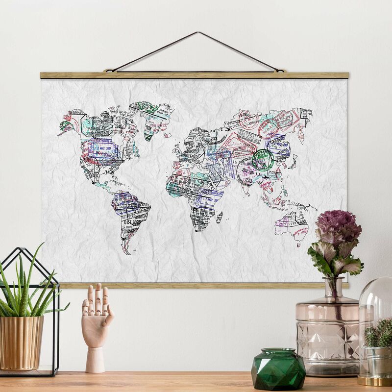 

Imagen de tela - Passport Stamp World Map - Apaisado 2:3 Dimensión LxA: 66.5cm x 100cm