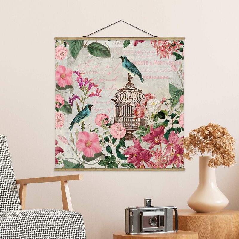 

Imagen de tela - Shabby Chic Collage - Pink Flowers And Blue Birds - Cuadrado 1:1 Dimensión LxA: 80cm x 80cm