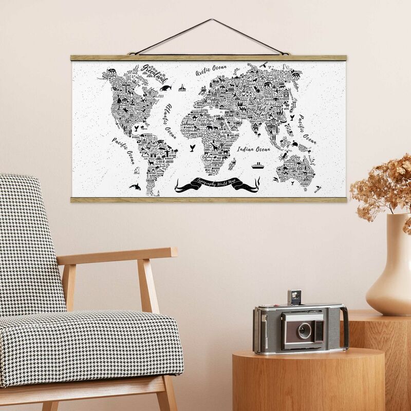 

Imagen de tela - Typography White World Map - Apaisado 1:2 Dimensión LxA: 50cm x 100cm