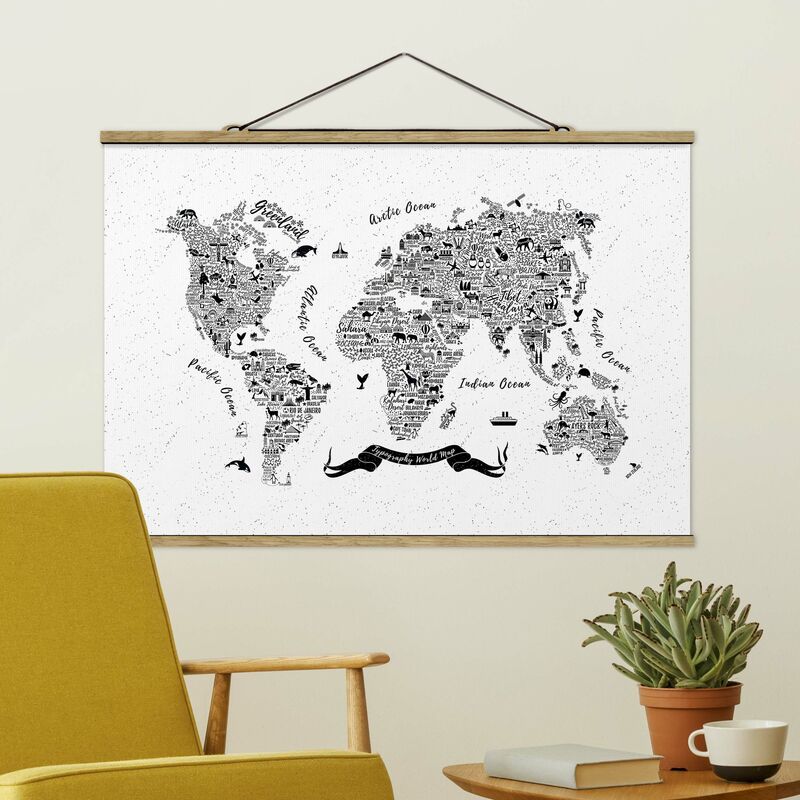 

Imagen de tela - Typography White World Map - Apaisado 2:3 Dimensión LxA: 33.5cm x 50cm