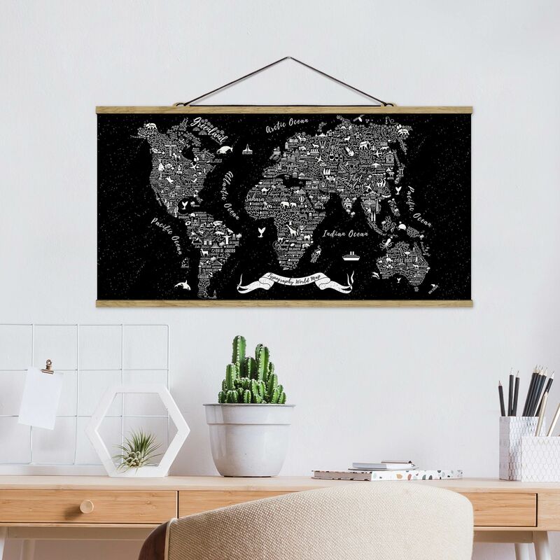 

Imagen de tela - Typography World Map Black - Apaisado 1:2 Dimensión LxA: 25cm x 50cm