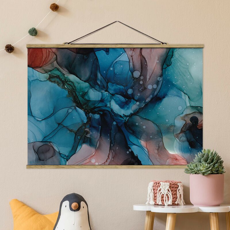 

Imagen de tela - Under Water In Petrol And Red With Gold - Apaisado 2:3 Dimensión LxA: 66.5cm x 100cm
