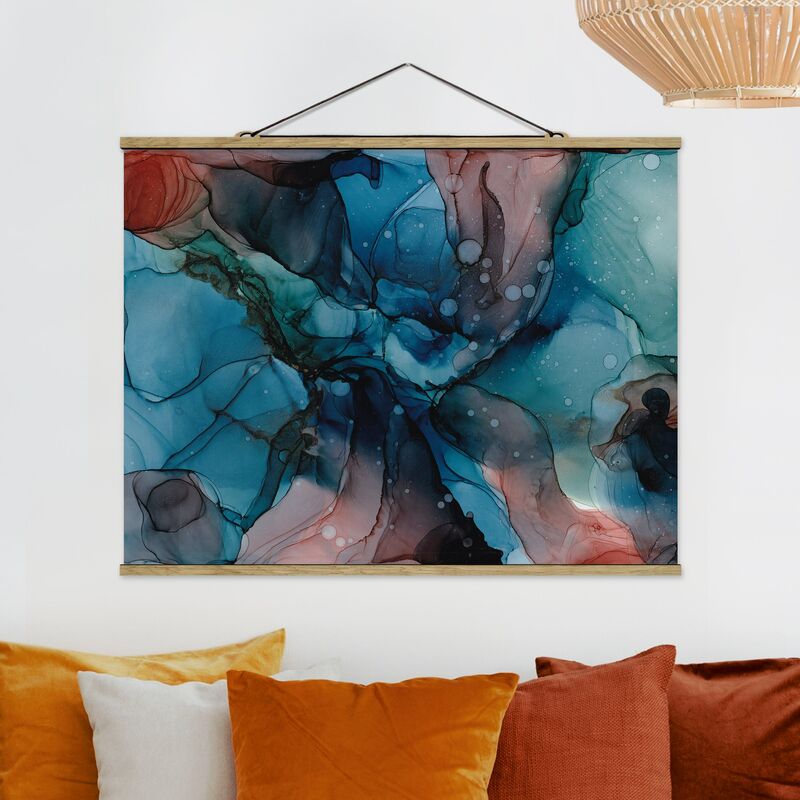 

Imagen de tela - Under Water In Petrol And Red With Gold - Apaisado 3:4 Dimensión LxA: 75cm x 100cm