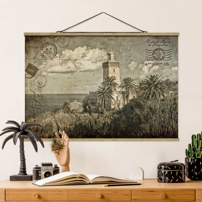 

Imagen de tela - Vintage Postcard With Lighthouse And Palm Trees - Apaisado 2:3 Dimensión LxA: 66.5cm x 100cm