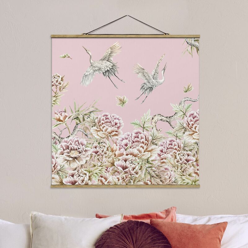 

Imagen de tela - Watercolour Storks In Flight With Roses On Pink - Cuadrado 1:1 Dimensión LxA: 100cm x 100cm