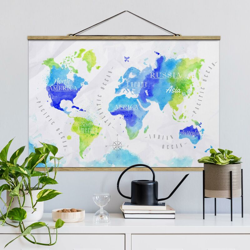 

Imagen de tela - World Map Watercolor Blue Green - Apaisado 2:3 Dimensión LxA: 53.5cm x 80cm