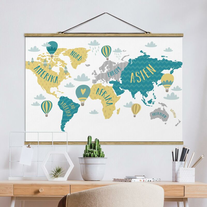 

Imagen de tela - World Map With Hot Air Balloon - Apaisado 2:3 Dimensión LxA: 33.5cm x 50cm