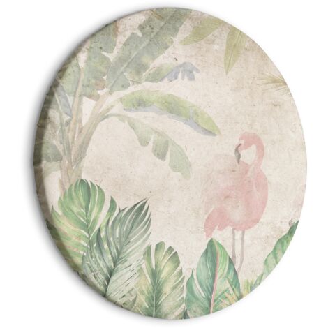 Imagen redonda: aves zancudas entre flora exótica - flamencos entre exuberante vegetación tropical en un entorno delicado