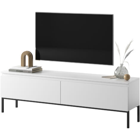 Selsey – Meuble TV 175 cm blanc avec pieds en acier noir – 2 armoires – Panneau stratifié résistant à l'humidité – Pour écran jusqu'à 65" (1/7)