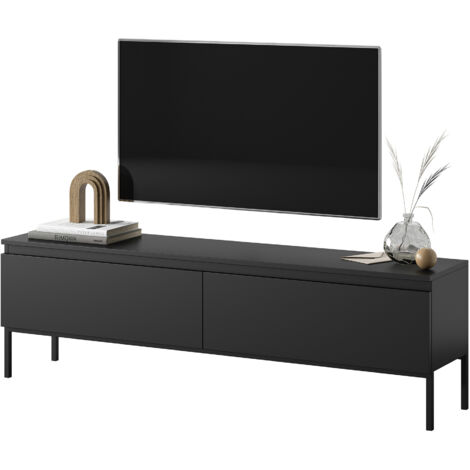 Selsey – Meuble TV noir 150 cm avec pieds en acier – 2 armoires – Panneau stratifié résistant à l'humidité – Compatible 65" (1/6)