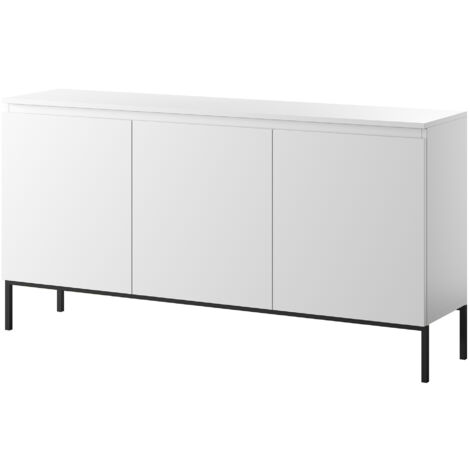 Selsey – Commode à trois portes blanche avec pieds en acier noir – 6 étagères – Hauteur 77 cm, Largeur 150 cm, Profondeur 35 cm – Finition mate