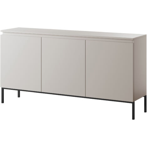 Selsey – Commode à trois portes taupe (gris-beige) – Meuble en aggloméré 16mm – Pieds en acier noir 17cm – 150x35x77cm (1/4)
