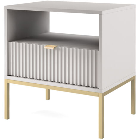Selsey Vellore - Table de chevet - 54 cm - grise avec une façade rainurée et un cadre doré (1/4)