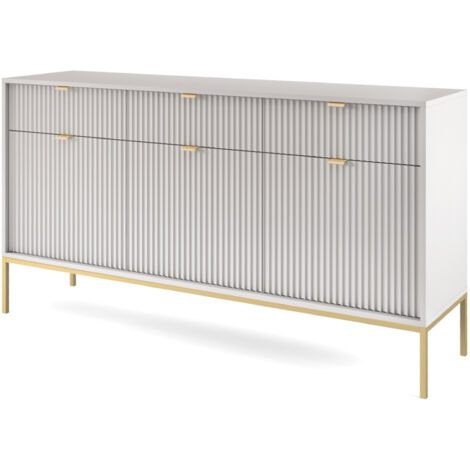Selsey Vellore - Commode trois portes - 154 cm - grise avec façades rainurées et cadre doré (1/4)