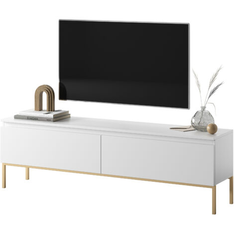 Selsey – Meuble TV 150 cm blanc avec pieds en acier dorés – 2 armoires spacieuses – Pour téléviseurs jusqu'à 65 pouces – Design minimaliste (1/6)