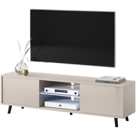 Selsey – Meuble TV Lefyr 140 cm – Éclairage LED – Corps stratifié taupe – Niche ouverte pour décodeurs – Design moderne avec pieds noirs (1/6)