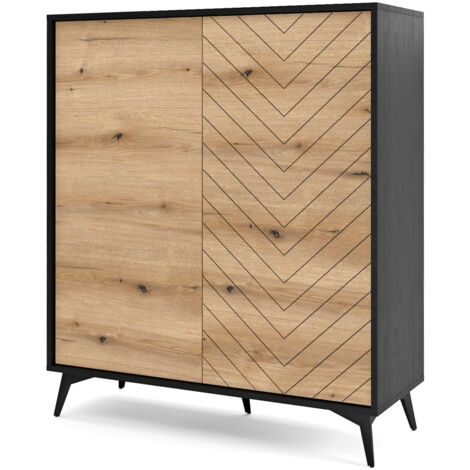 Selsey BOULIA - Commode haute à deux portes - 104 cm - noir/chêne Evoke motif à chevrons (1/5)
