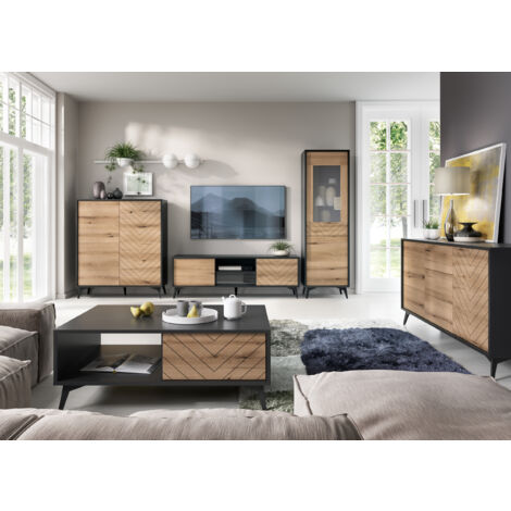 Selsey BOULIA - Table basse - 104x68 cm - noir/chêne Evoke motif à chevrons