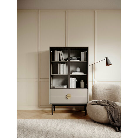 Selsey STOON - Vitrine basse - 85 cm - avec trois étagères et tiroirs - taupe (gris-beige)