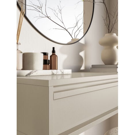 Selsey Console D'Entrée Deboute Avec Tiroir À Lamelles 90 X 79 Cm Sur Pieds Dorés Beige Gris Veldio