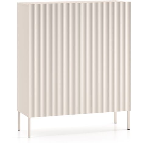 Selsey – Haute commode 2 portes 100 cm – Façades cannelées – Beige clair – Charnières à fermeture douce – Pieds métal – 3 étagères (1/5)