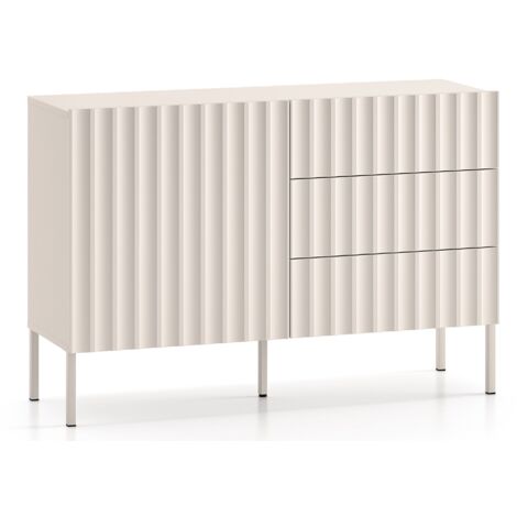Selsey – Commode buffet 113 cm – Façades cannelées en MDF – Beige clair – 3 tiroirs avec ouverture par pression – Charnières à fermeture douce (1/5)