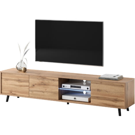 Selsey – Meuble TV moderne 175 cm en chêne wotan – Éclairage LED intégré – 3 compartiments fermés – Compatible jusqu'à 70 pouces