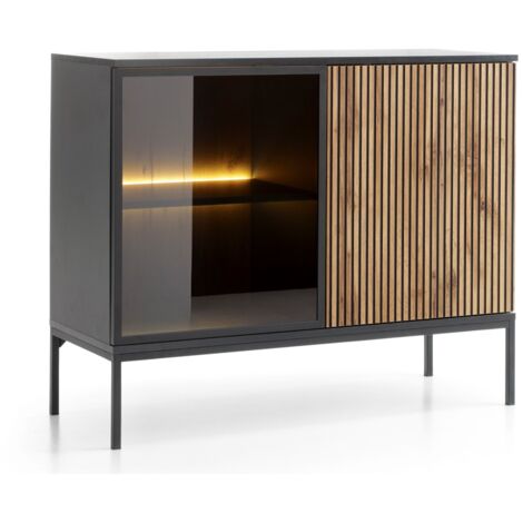 Selsey – Buffet à deux portes avec éclairage LED – 104 cm – Noir et chêne Wotan – Panneau MDF et verre trempé – Montage auto-assemblage
