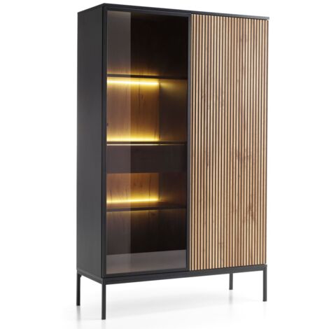 Selsey – Vitrine haute 166 cm avec tiroir et éclairage LED – 2 portes en verre trempé – Corps en panneau laminé noir et chêne Wotan – Montage auto-assemblage