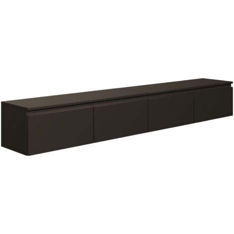 Selsey – Meuble TV mural suspendu 200 cm – 4 portes abattantes – Noir – Panneau mélaminé – Charge max 8 kg par étagère