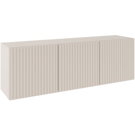 Selsey – Meuble TV bas 150 cm – 3 portes avec système push-to-open – Façades à lamelles rainurées – Beige cachemire – Panneau aggloméré laminé