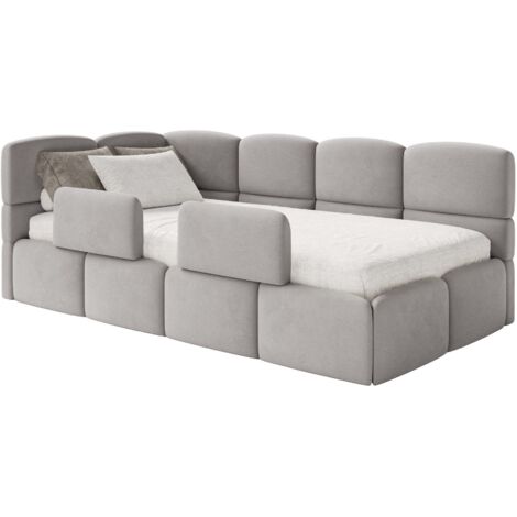 Selsey Cloudy – Lit enfant 120x200 cm, tête de lit à gauche, matelas & coffre de rangement, velours gris clair (1/5)