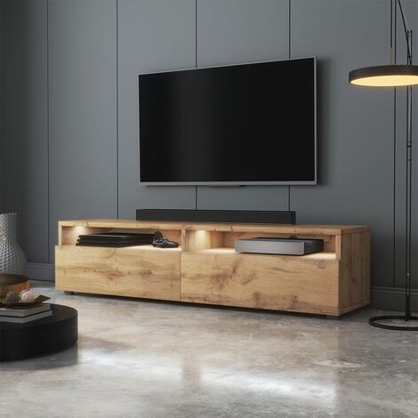 Meuble TV - REDNAW - 300 cm - chêne wotan / gris brillant - avec LED