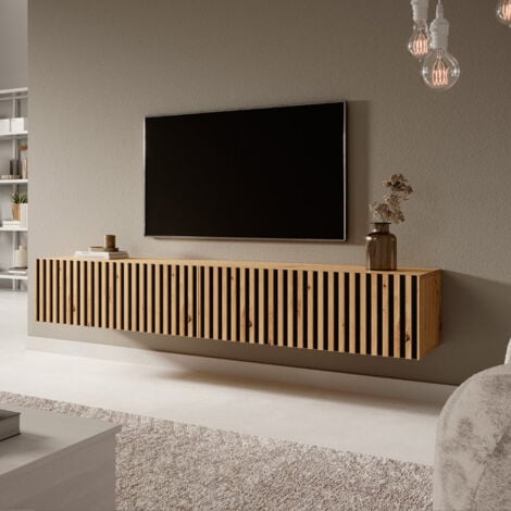 Selsey TELIRE - Meuble TV 175 cm en chêne artisan avec façade fraisée et inserts noirs