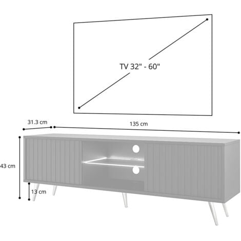 Selsey Bello - Meuble TV avec façades à lamelles - 135 cm - blanc avec pieds dorés