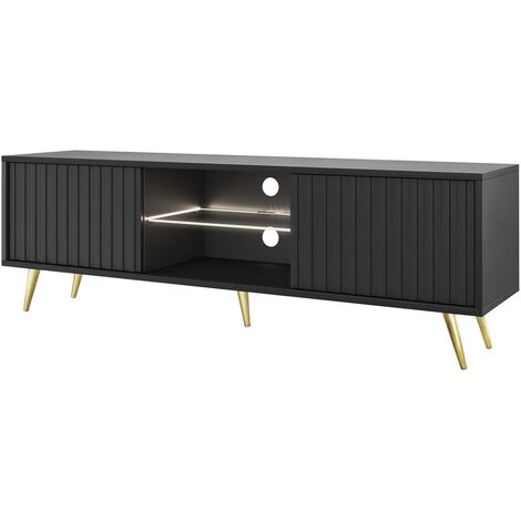 Selsey – Meuble TV noir 135 cm avec éclairage LED – Façades à lamelles – Pieds en acier doré – Compatible téléviseurs jusqu'à 55 pouces (1/8)