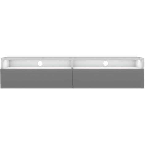 Selsey – Meuble TV 140 cm blanc mat et gris brillant avec éclairage LED – 2 niches ouvertes et 2 tiroirs – Style scandinave moderne (1/4)
