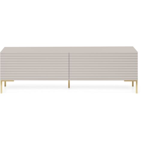 Selsey Consoletafel Veldio 90 cm taupe grijs met lamellenfront MDF en gouden metalen poten, moderne sidetable met push-to-open lade, elegante console tafel hal slaapkamer woonkamer, luxe design