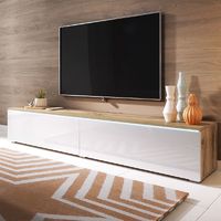 Selsey KANE - Meuble tv à suspendre / Banc tv (chêne wotan / blanc brillant, 180 cm, avec LED)