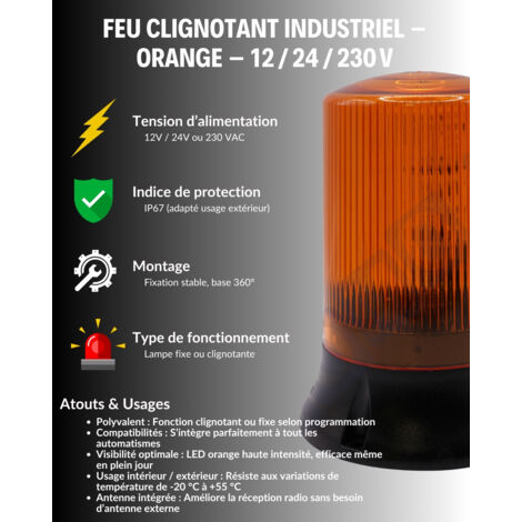 Feu clignotant LED orange IP65 pour portails – Alimentation 12-24-230V – Fixe ou clignotant – Antenne intégrée – Signalisation haute visibilité – V2 Electronica