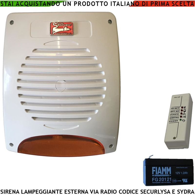 SIRENA RADIO LAMPEGGIANTE DA ESTERNO BATTERIA 12 V 1,2 AH TRASMET. FREQ.  433,92 MHz AMPLIAMENTO DI QUALSIASI IMPIANTO FILO E RADIO