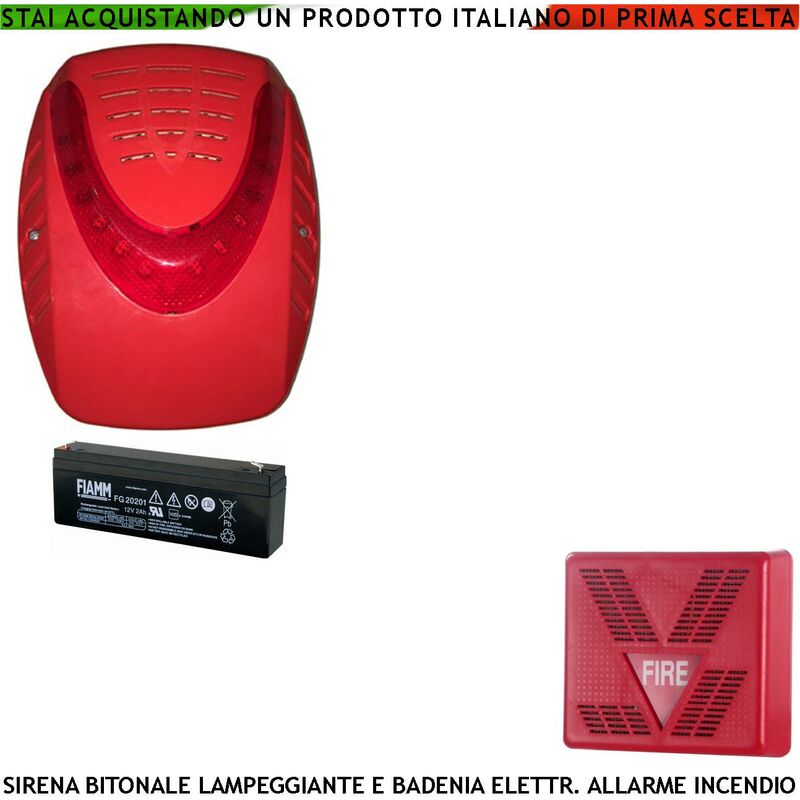 SIRENA ELETTRONICA LAMPEGGIANTE LED ROSSA ESTERNA ALLARME INCENDIO  ALIMENTATA 24 VCC 2 BATTERIE 12 V 1,2 AH SOTTOCOPERCHIO ANTISCHIUMA