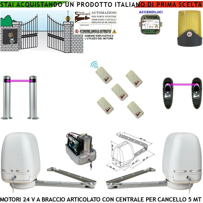 Kit Motori a Braccio Articolato 24 V Cancello Automatico 2 Ante da 1 a 2,5  MT Centrale 220/24 V 5 Radiocomandi Faro Selettore 2 Fotocellule 2 Paline  Accendiluci