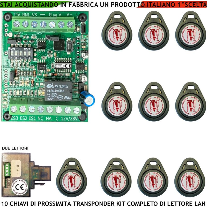 Chiave di Prossimità Alimentazione 12/24 Vac Lettore Universale LAN RJ45  Qualsiasi Marca 10 Trasponder Uscita Relè C.NC.NA 1AX24V Funzioni Impulsiva  o Bistabile