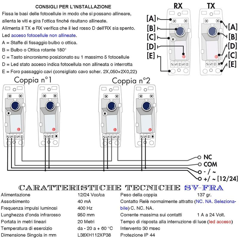 Fotocellule Coppia TX e RX Sicurezza e Controllo Cancello Elettrico  Automatico Cellula130 Portata 15 Metri Montaggio a Parete o Palina  Alimentazione 12/24 Vac