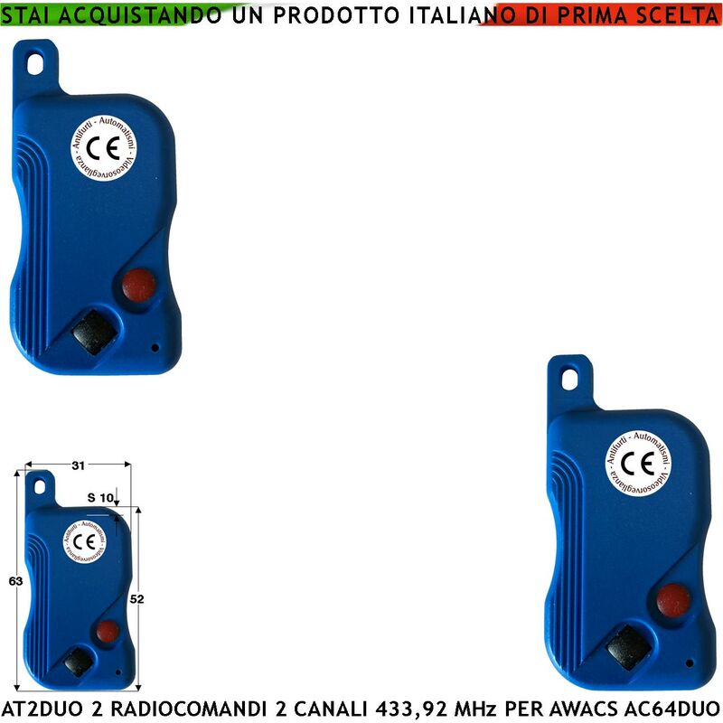 Radiocomandi AT2 duo 2 Pezzi Frequenza 433,92 MHz 2 Canali Pulsante Nero e  Rosso Codici Univoci Comando e Gestione Allarme Awacs AC64 duo e AC64 Plus  CR 2032