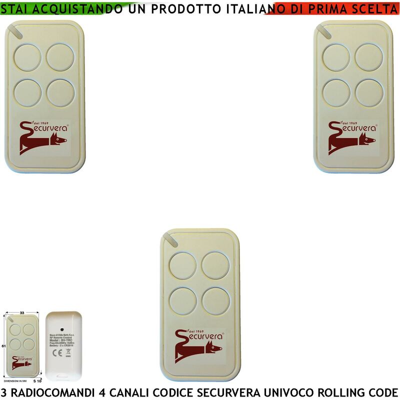 Telecomandi Securvera 3 Pezzi Frequenza di Trasmissione 433,92 MHz 4 Canali  Potenza Trasmessa 1 mW Codifica di Sicurezza Univoca Led Segnalazione  Trasmissione